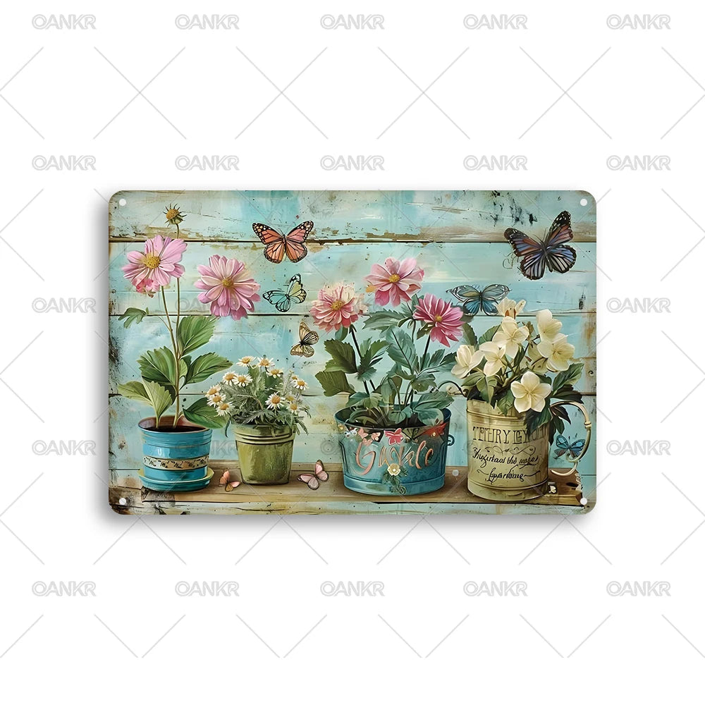 décoration murale vintage plaque métal fleurs papillons bois rétro nostalgieintérieur extérieur