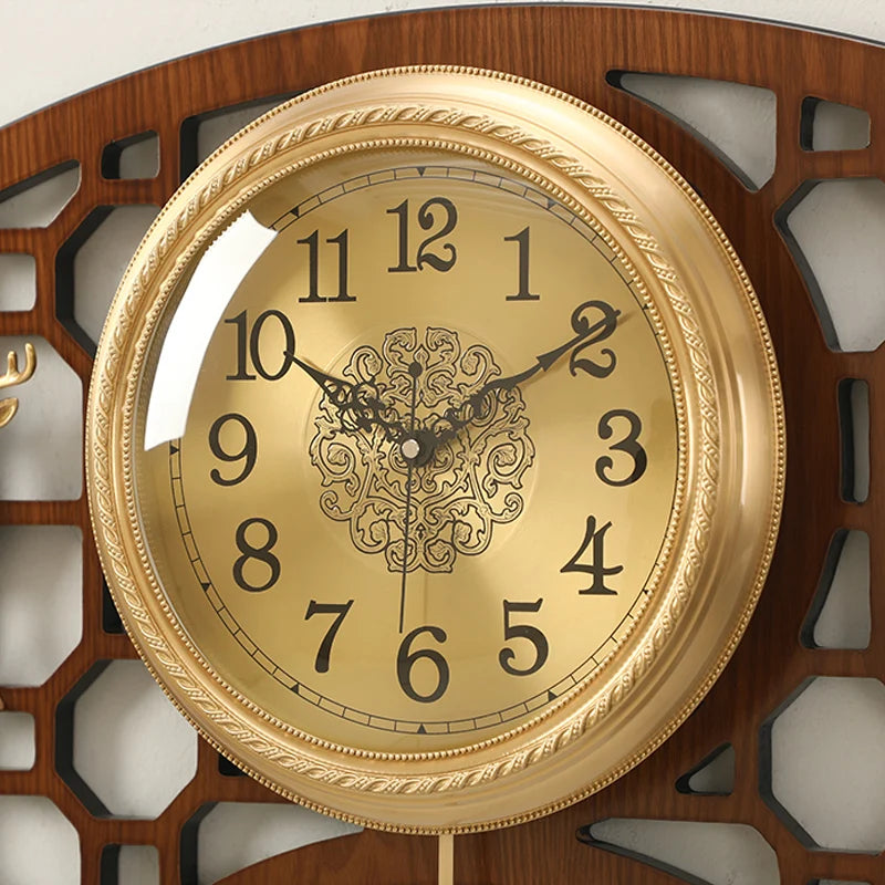 horloge murale chinoise traditionnelle asiatique ventilateur cerf floral marron doré salon