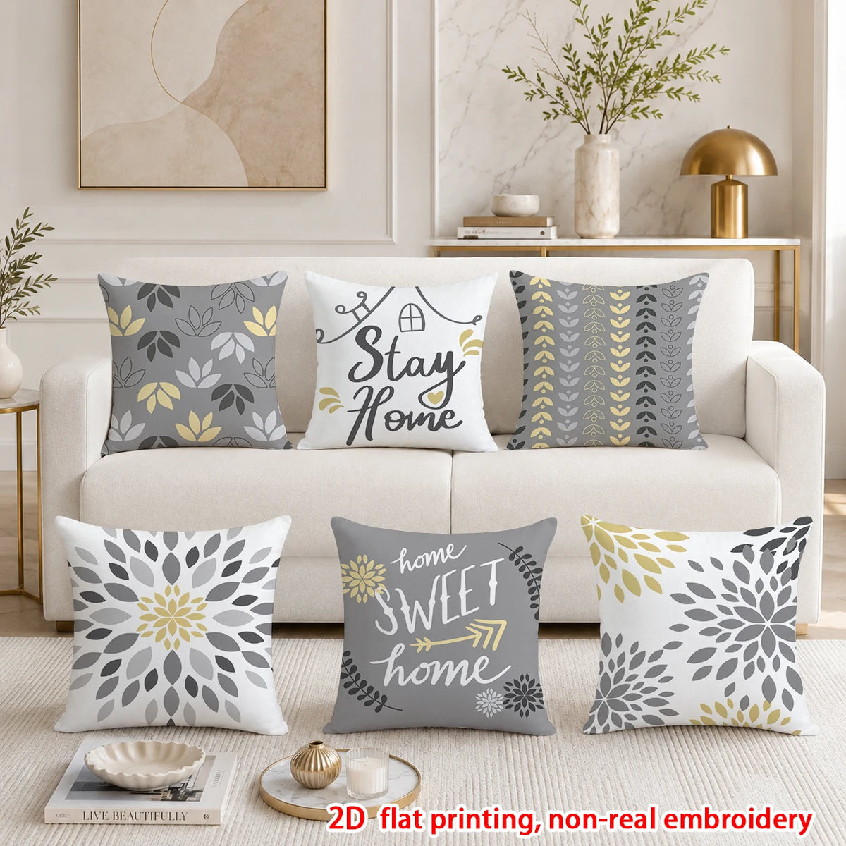 lot housses coussin décoratives gris jaune motif floral moderne canapé chambre