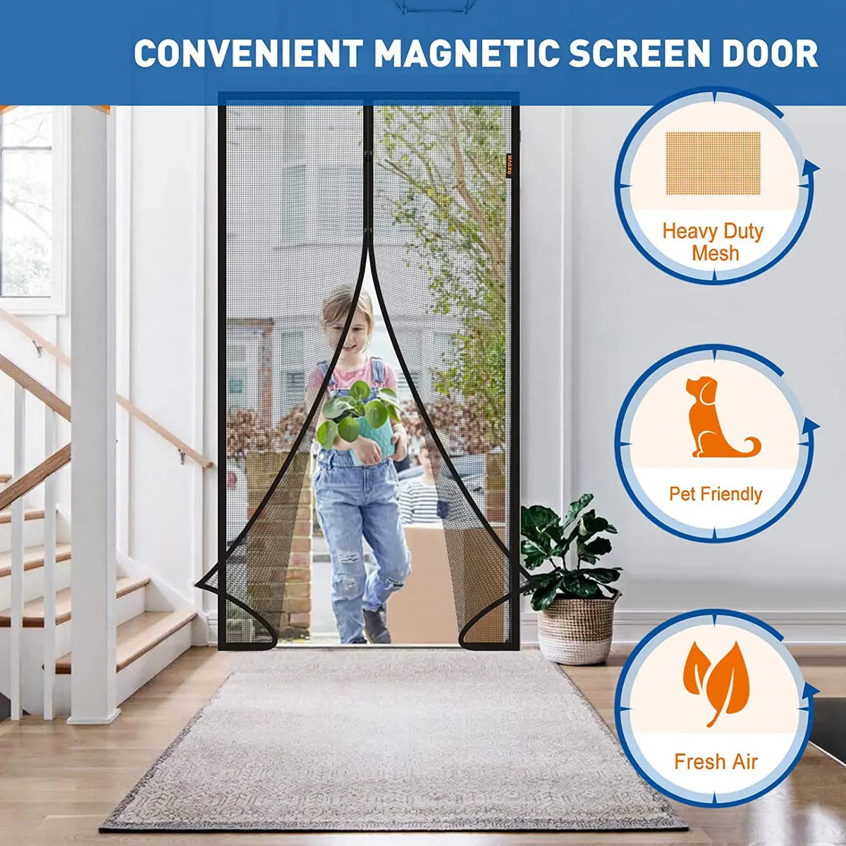 rideau moustiquaire magnétique porte noir maille fine ventilation automatique anti insectes moderne clips adhésifs