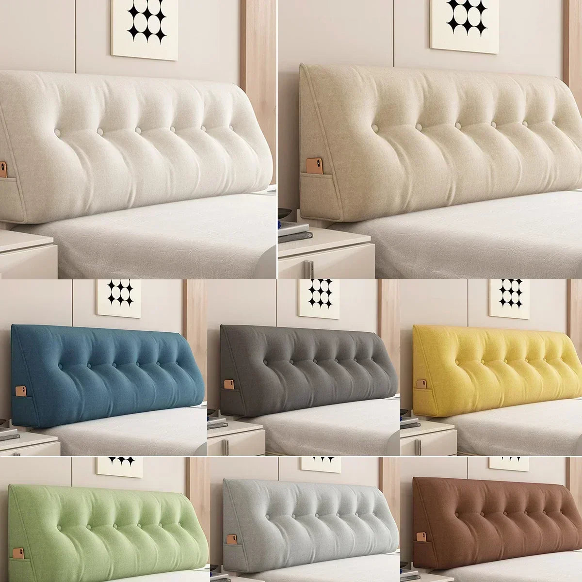 coussin tête lit beige gris bleu vert moderne confortable tissu peluche boutons poche eyelets