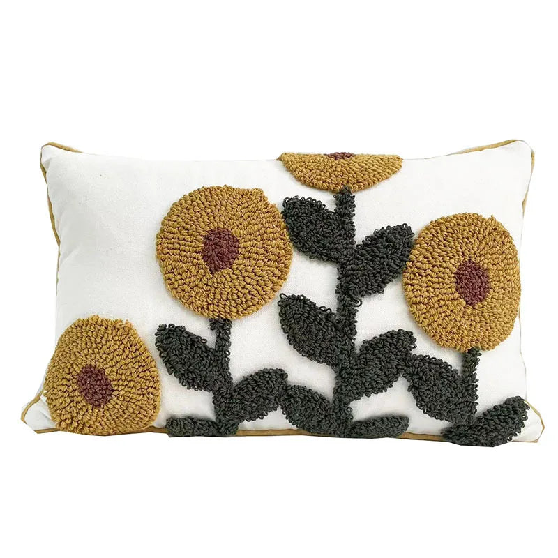 coussin tufté brodé fleur nordique moderne 100 polyester blanc vert marron jaune adhésif décoration