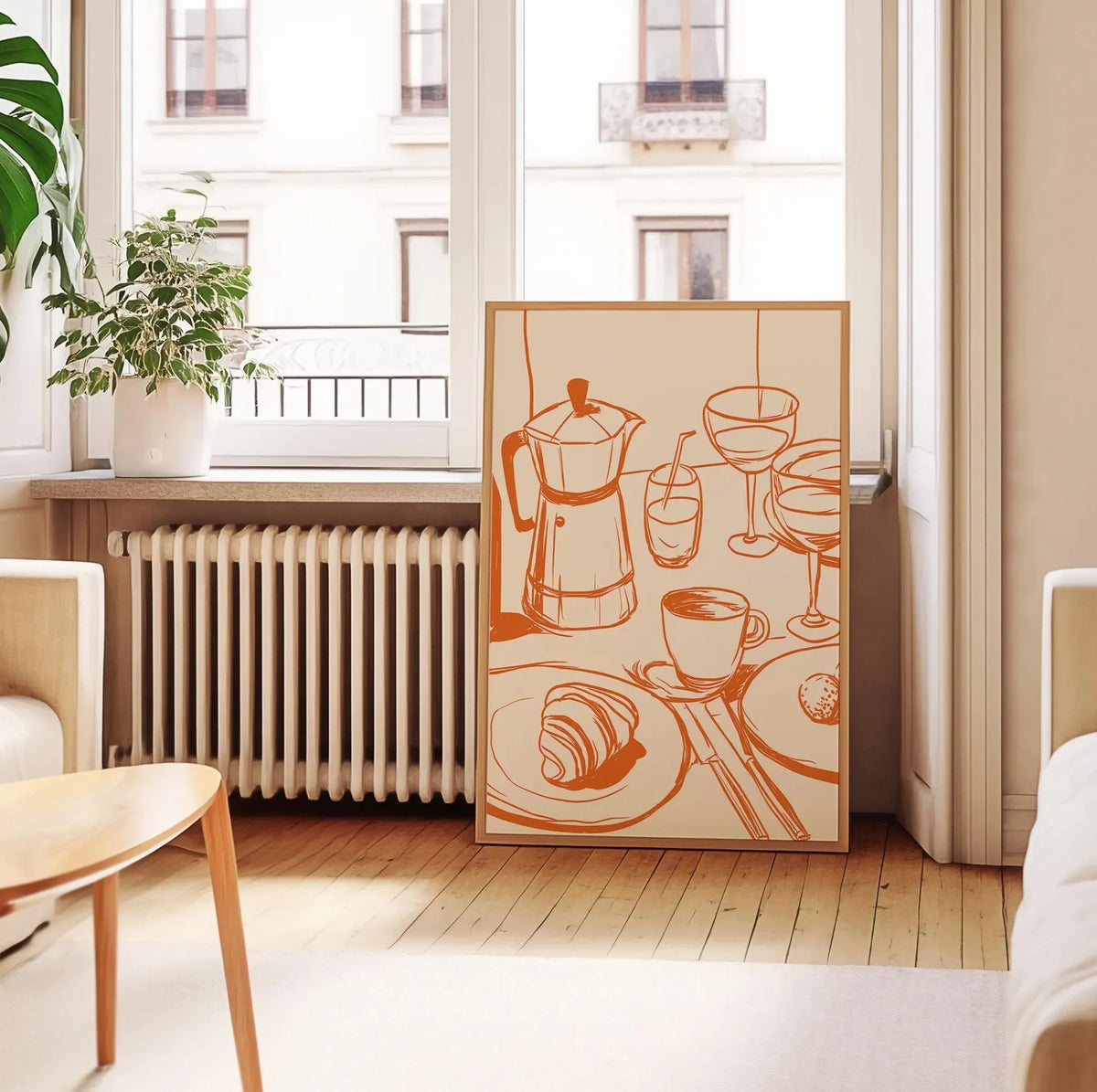 affiche art moderne toile illustration bouteilles verres assiettes chanson blanc bleu vert orange