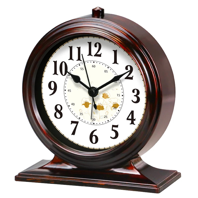 horloge table classique quartz aiguille brun foncé cadre bois chiffres romains transparent verre vintage