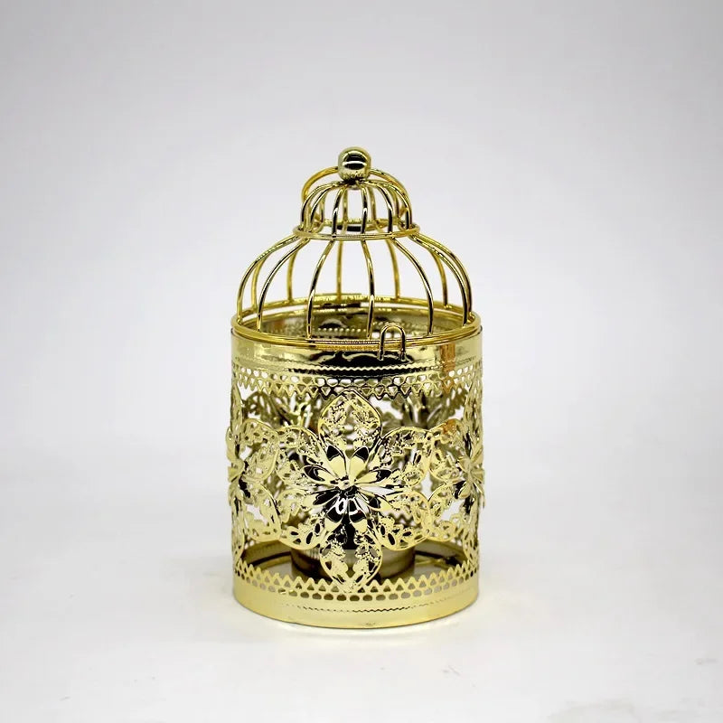 cage oiseaux ornements floraux ajourée artisanale élégante anneaux suspendus décoration maison or argent noir