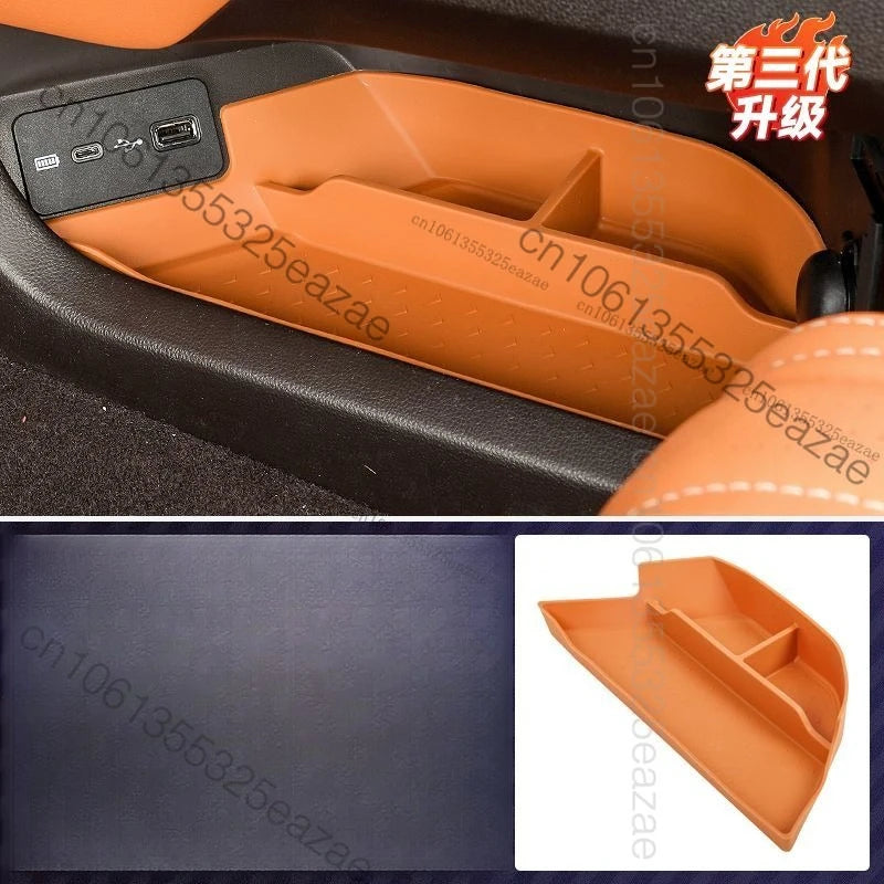 organisateur rangement voiture orange texture cuir moderne adhésif compartiments tasses objets smartphone