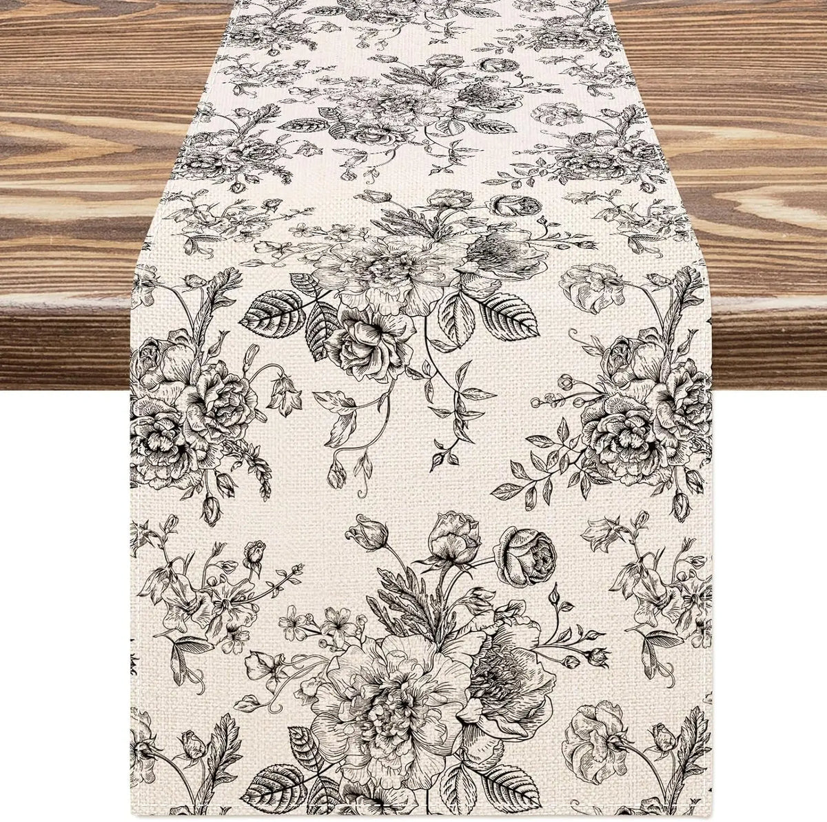 chemin table lin fleurs bleues toile jouy decoration maison beige opaque