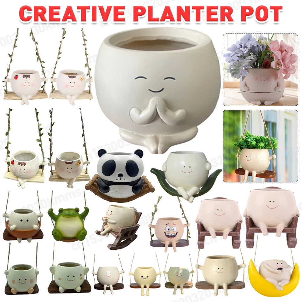 pots fleurs suspendus résine visage souriant chaise bascule balançoire tasse blanc personnaliséextérieurintérieur