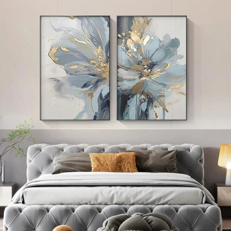tableaux decoratifs abstraits florals bleu doré moderne salon chambre