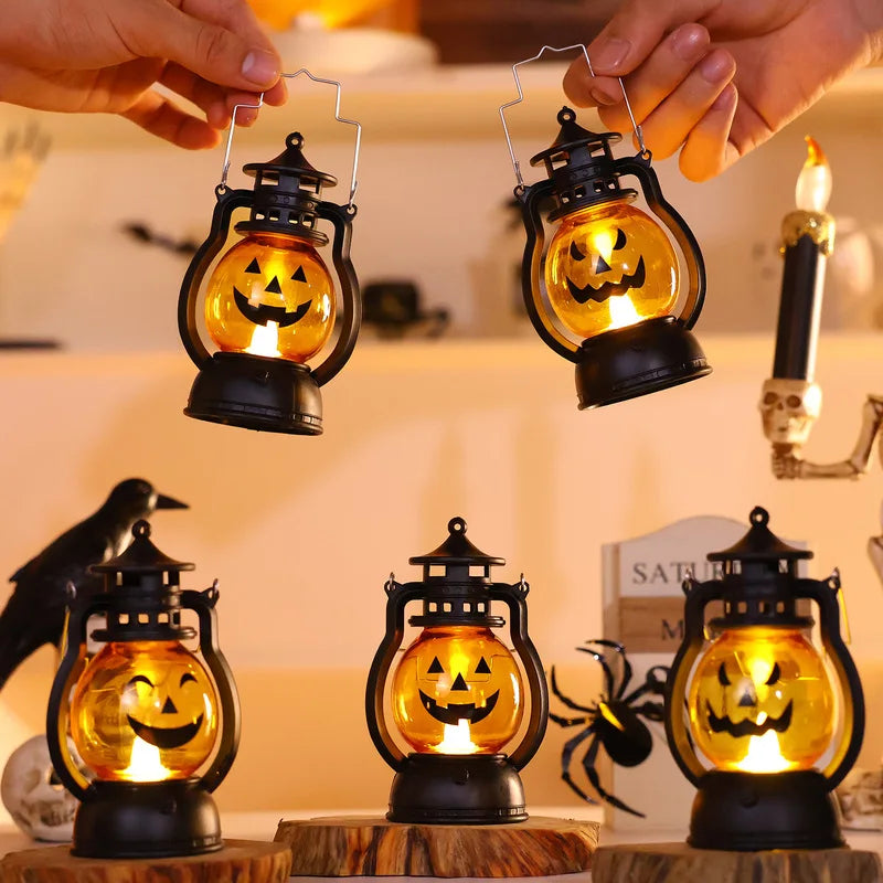 lanterne halloween citrouille visage noir orange portable vintage poignées métalliques base bois