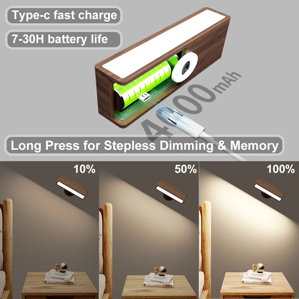 applique murale led rechargeable bois noyer grain naturel minimaliste aimant adhésif vis chargeur usb