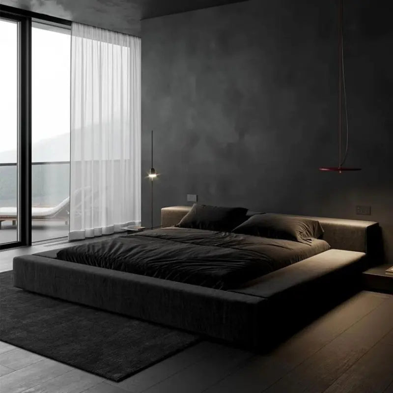 lit matelas double moderne minimaliste gris noir velours tissu uni chambre coucher master bedroom