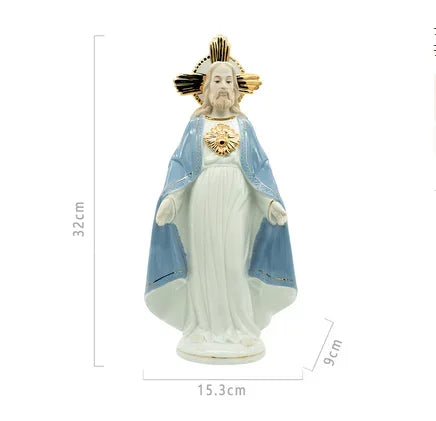 statue religieuse madone céramique bleu clair blanc doré details sculptés classique