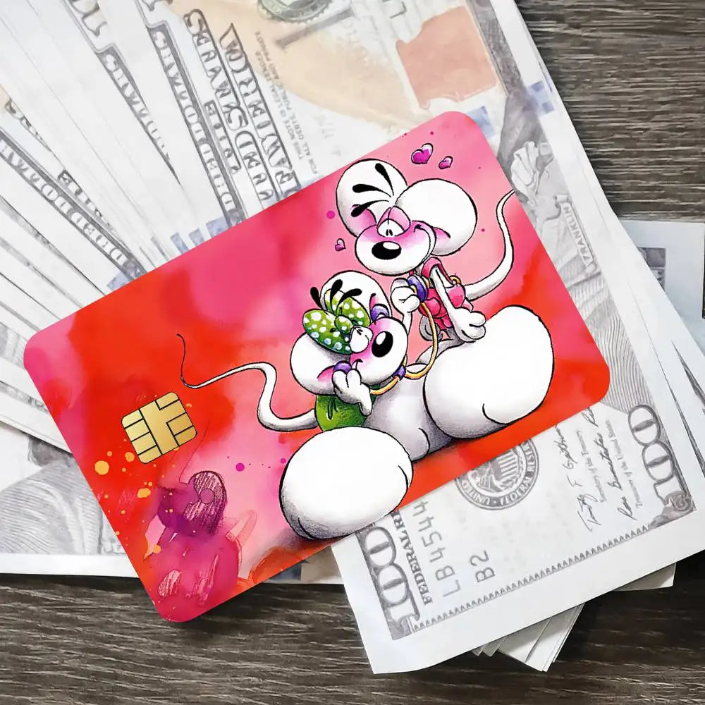 cartes bancaires personnalisées dessin animé souris coeurs papillons fleurs blanc rose vert jaune