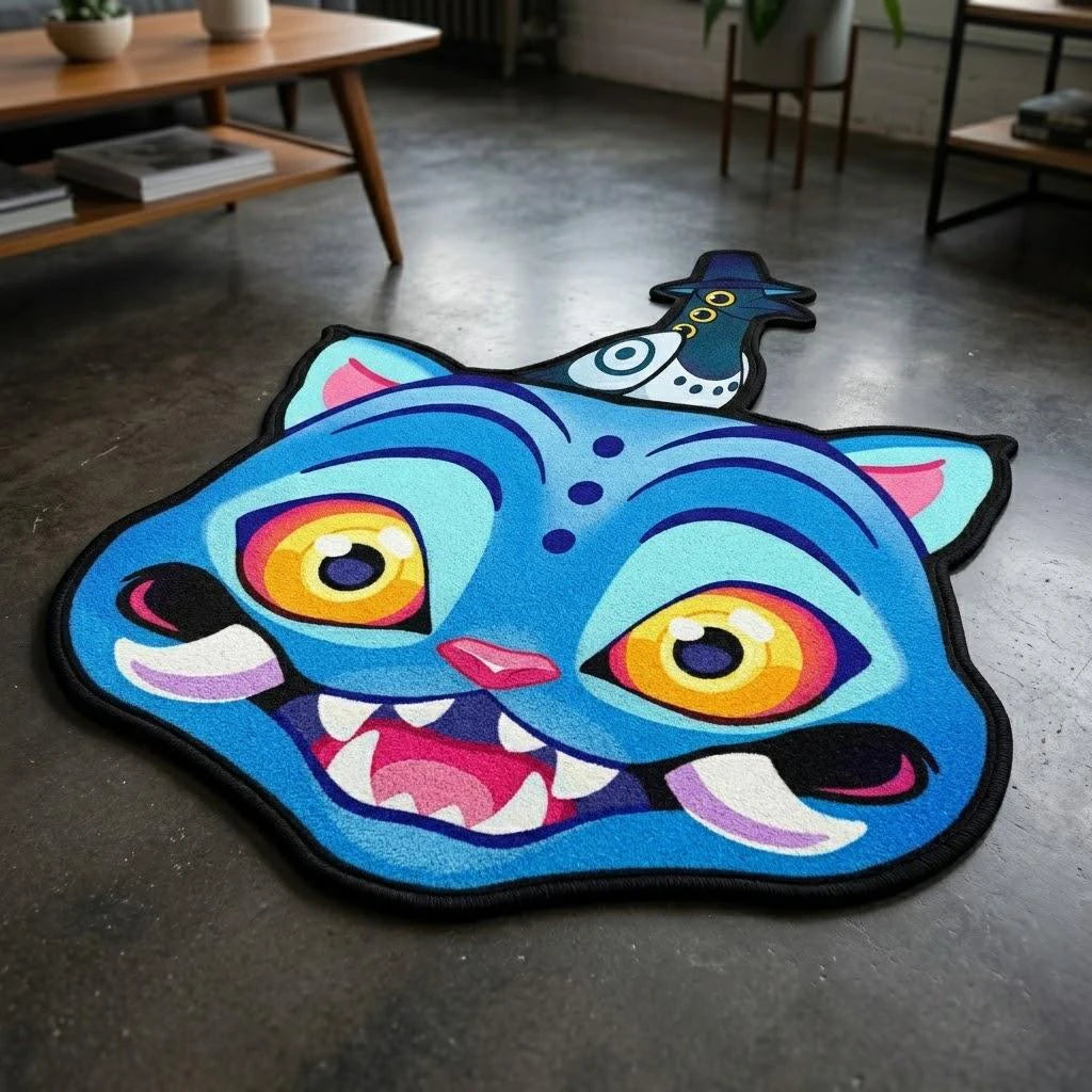 tapis animé tigre bleu jaune rose noir visage cartoon antidérapant flanelle diameter 80cm 100cm