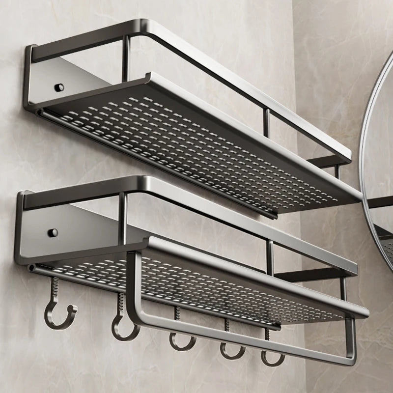 étagère murale salle bain aluminium gris perforé moderne crochets produits toilette