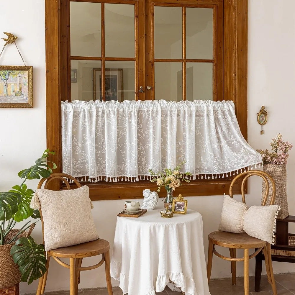 rideau semi transparent polyester broderie végétale tassel beige vert classique