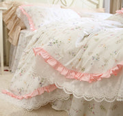 Parure de lit en coton dentelle à volants imprimé Rose romantique pour chambre princesse