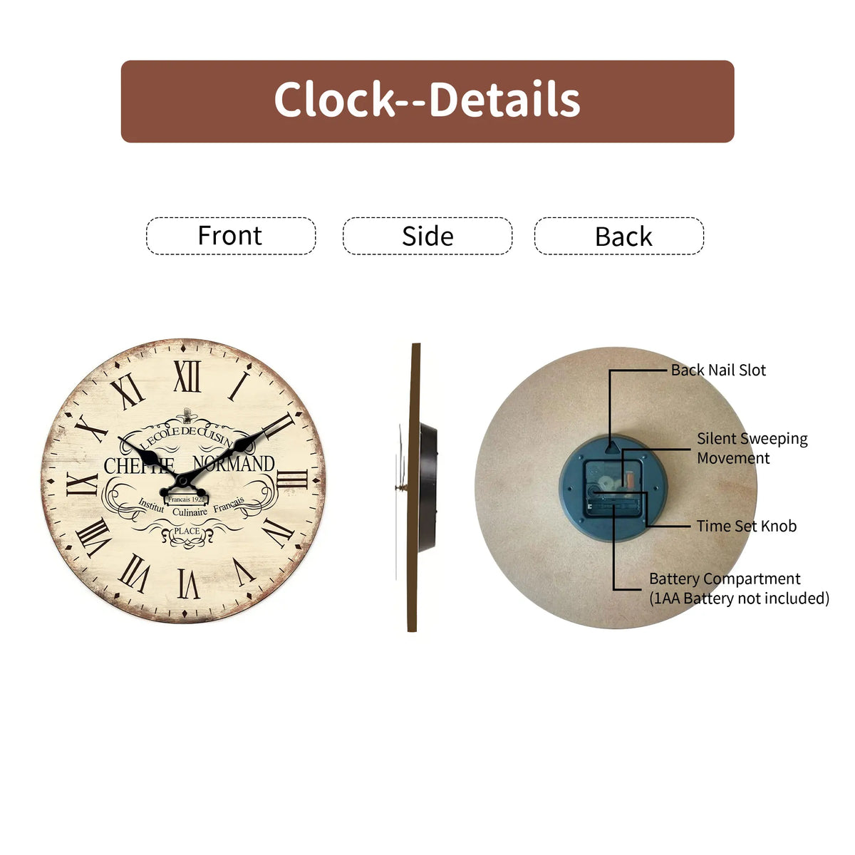horloge murale vintage bois blanc brun chiffres romains aiguille silencieuse quartz unique classic