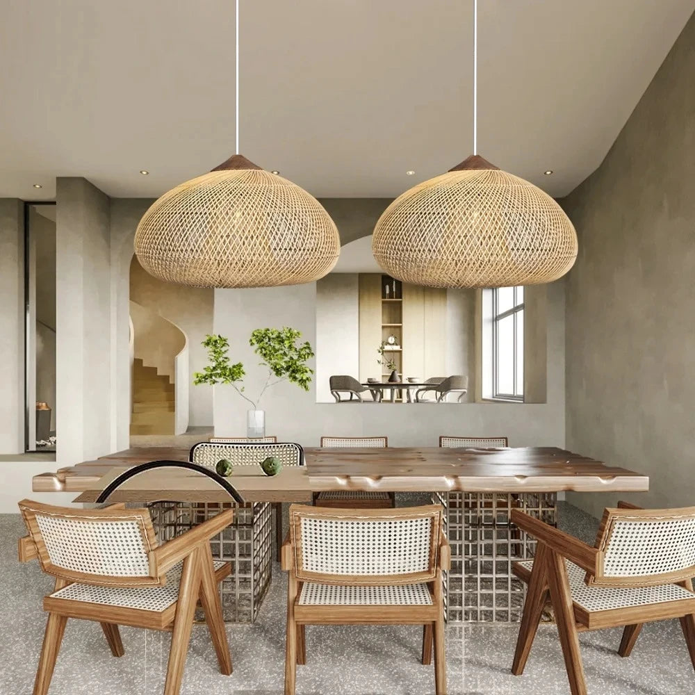 suspension lumineuse rattan tressé noir moderne rustique crochets câble électrique 60 80 cm