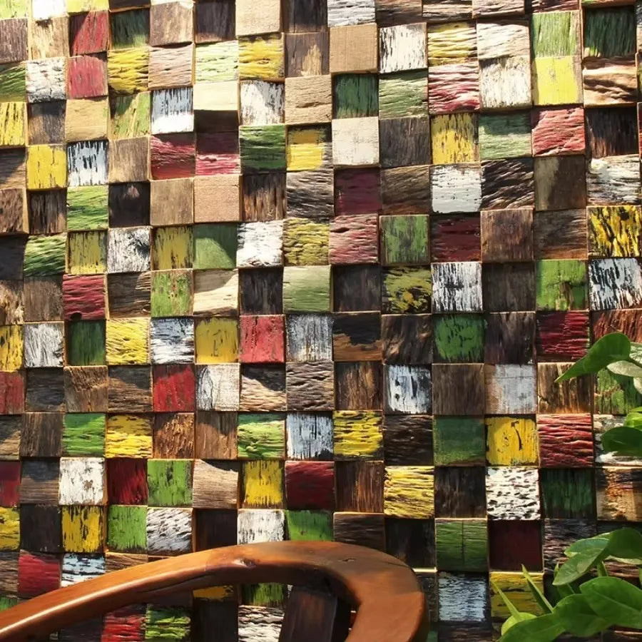 panneau décoratif bois multicolore artisanal rouille 3d salon fond tv bar mural