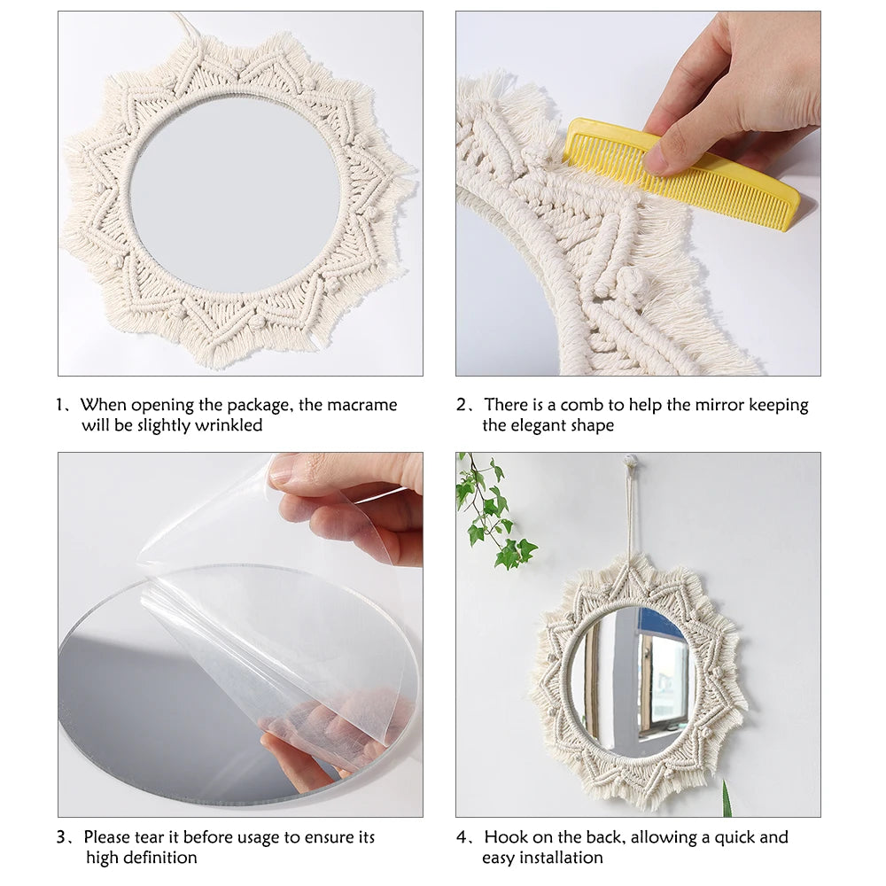 miroir boho blanc macramé franges artisanal crochet peigne protection chambre salon