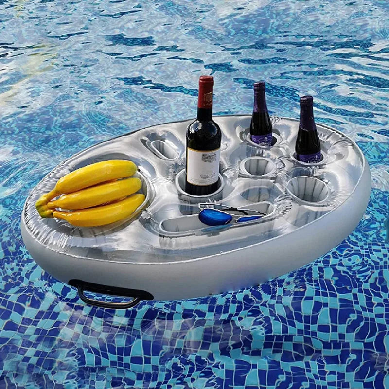 plateau flottant moderne fruits motif gris jaune ananas banane vin boisson chips glace piscine