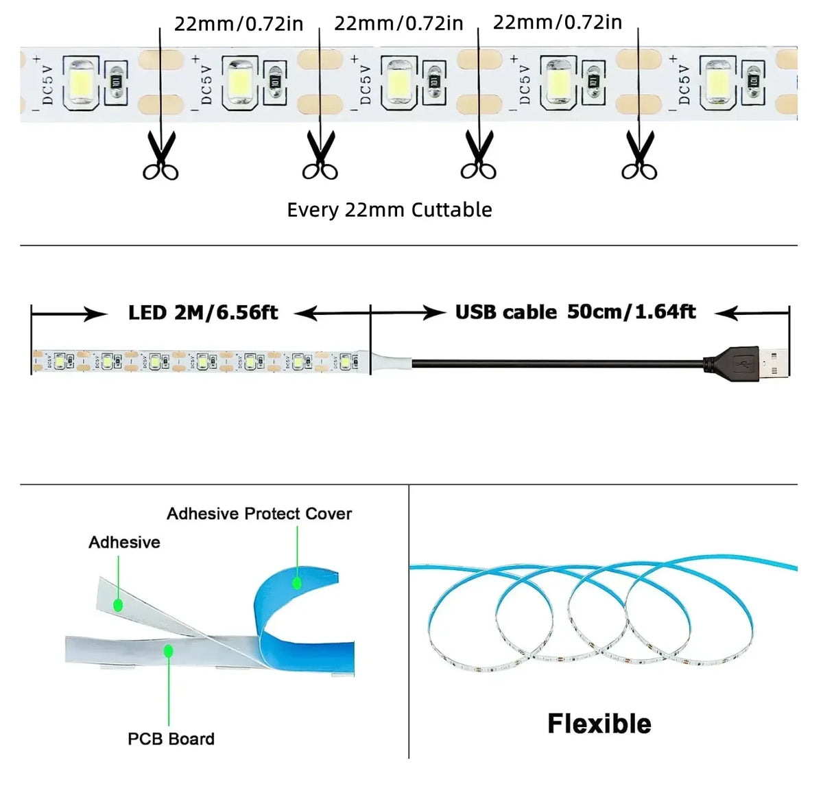 ruban led blanc flexible mètres usb éclairage ambiance maison décoration intérieur adhésif moderne