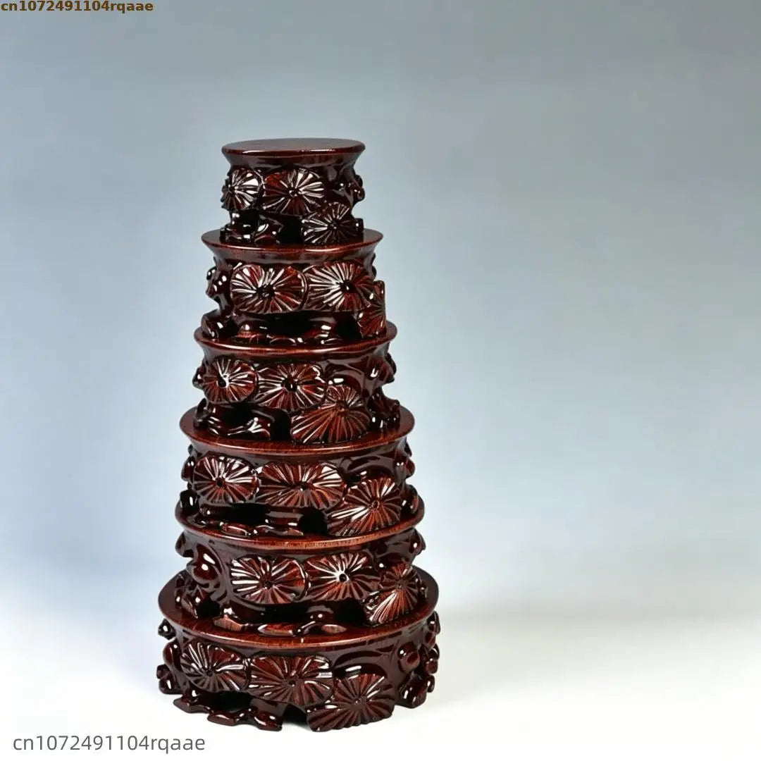 support décoratif bois sculpté floral artisanal marron foncé vase théière statue bouddha décoration intérieure
