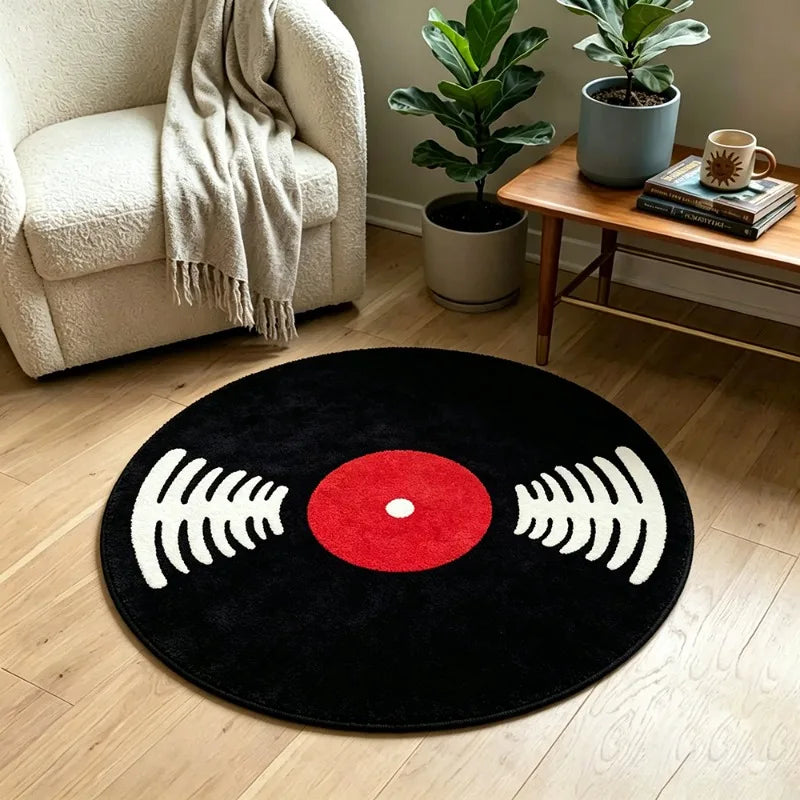 tapis noir blanc rouge disques vinyle moderne salon chambre décoratif 100x100cm 120x120cm 160x160cm 200x200cm