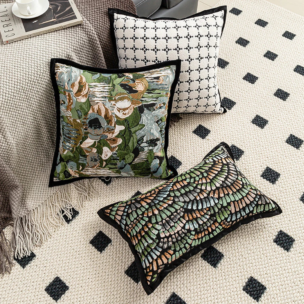 taies d'oreiller jacquard géométrique coton polyester blanc vert beige décoration canapé chambrehôtel