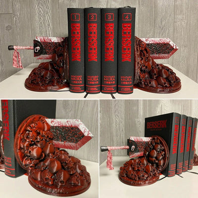 Serre-livres design dragon et crânes 3D en résine gris clair