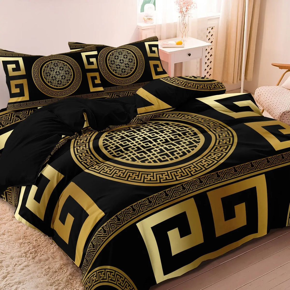 housse couette géométrique noire or taies d'oreiller ensemble lit taille double king chambre