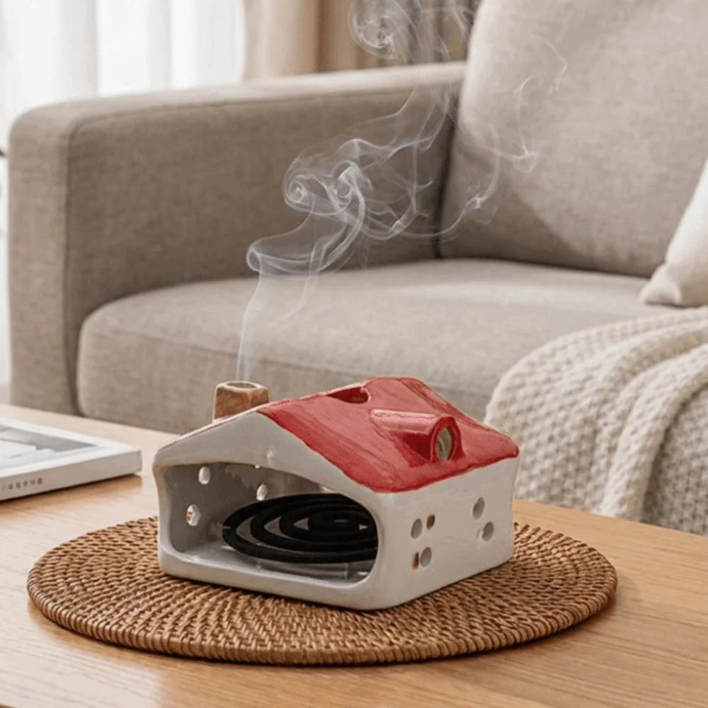 diffuseur d'odeur maisonnette fenêtres rouge blanc jaune moderne aromathérapie bobine parfum minimaliste