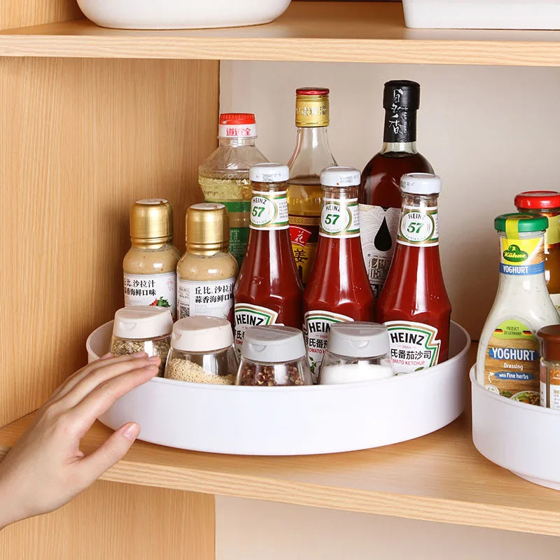 organiseur rangement rotatif blanc moderne plateau rond lisse antidérapant cosmétiques cuisine bouteilles sauce flacons