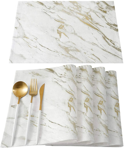 Set de table en lin coton motif marbre blanc et or