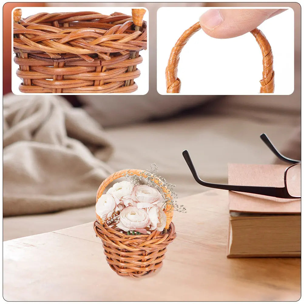 mini panier tissé rotin marron clair traditionnel anneau poignée décoration maison rustic pièces
