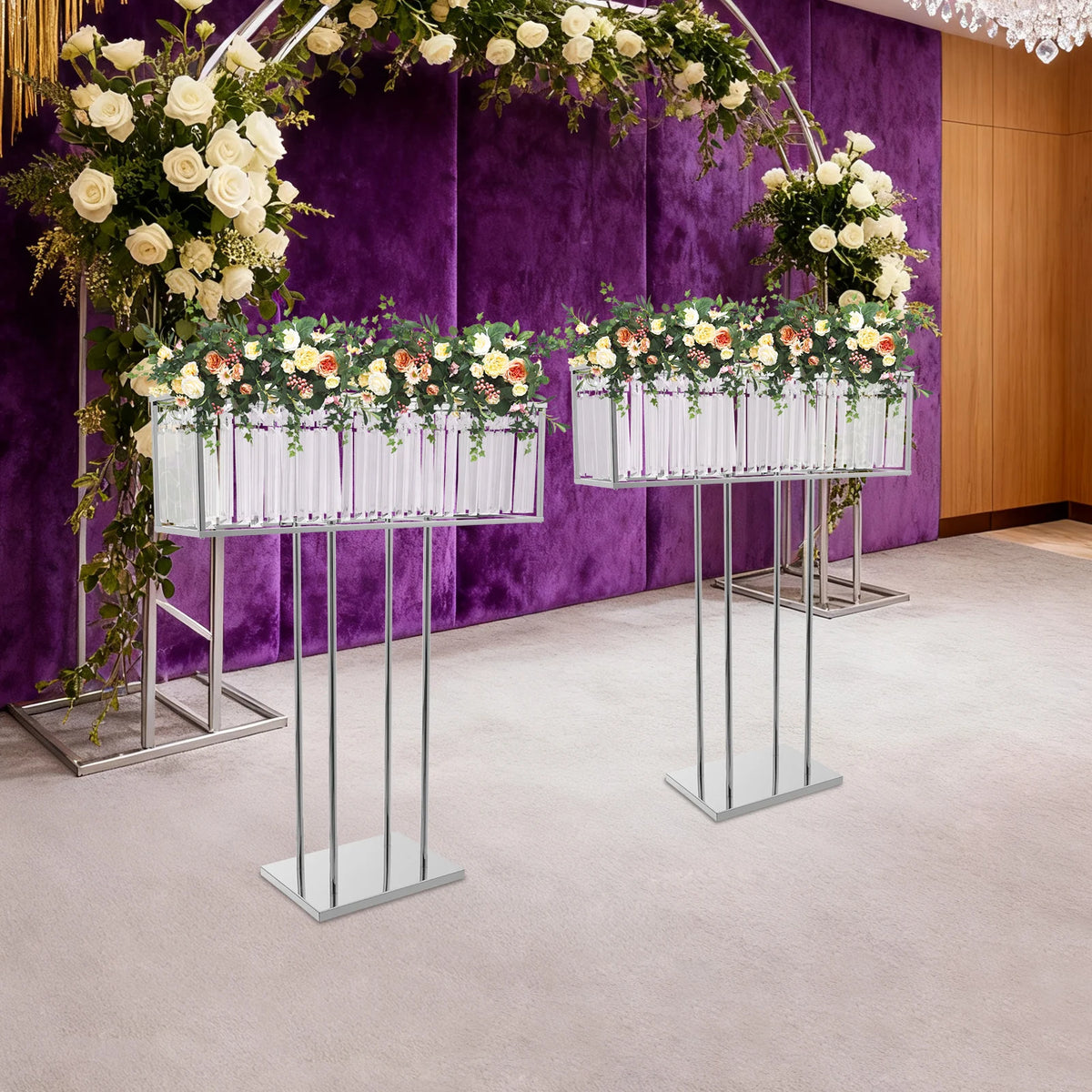 supports fleurs transparents argentés décoration événementielle moderne draperies ballons