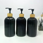 flacon pompe noir brun vert transparent moderne rayures vertical rechargeable shampoing lotion