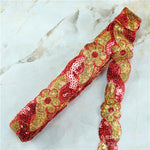 ruban décoratif dentelle sequins fleurs 4cm bleu vert rouge rose or argent partie