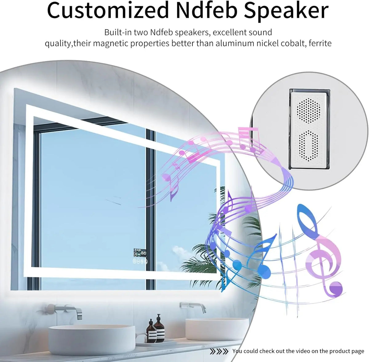 miroir courtoisie led blanc mural moderne notes musicales violettes affichage numérique