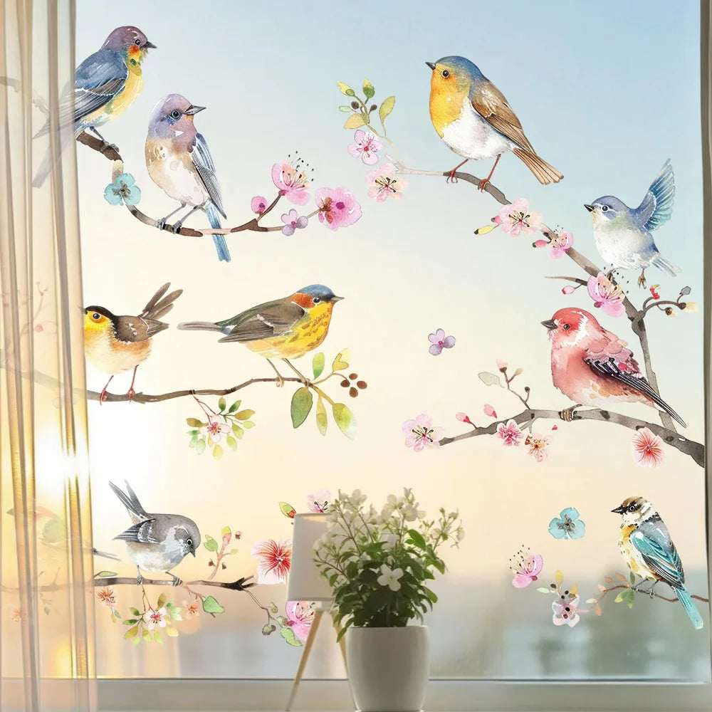 sticker mural oiseaux branches fleurs colorées bleu gris jaune rose vert adhésif pvc artistique