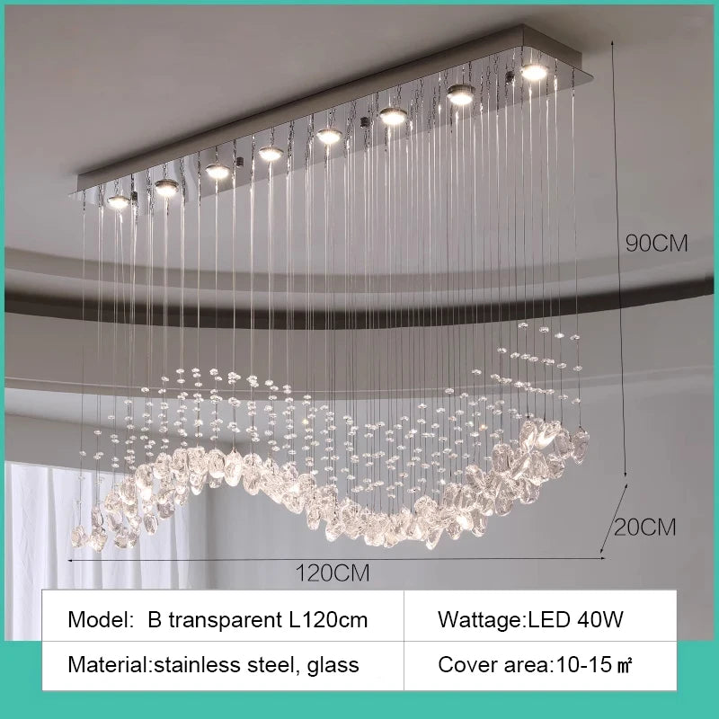 suspension lumineuse moderne gouttes cristal transparent verte ambrée 100cm 120cm 150cm