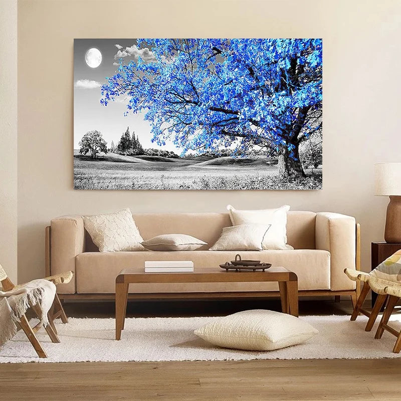 grande toile peinture paysage nocturne arbre fleurs bleu noir blanc décoration murale moderne