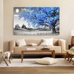 grande toile peinture paysage nocturne arbre fleurs bleu noir blanc décoration murale moderne