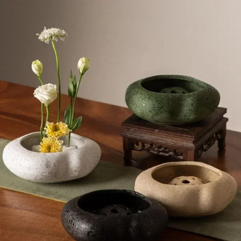 Cache pot céramique gris vert moderne minimaliste pierre naturelle graine lotus vase décoratif noir