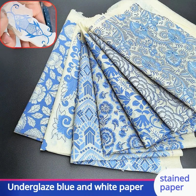 papier décoratif bleu blanc motifs floraux géométriques opacité traditionnel 54cm 37cm papier autocollant haute