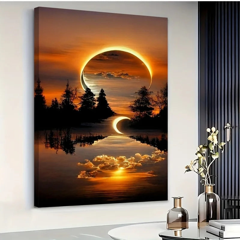 toile d'art paysage coucher soleil lune moderne sans cadre orange noir blanc salon chambre