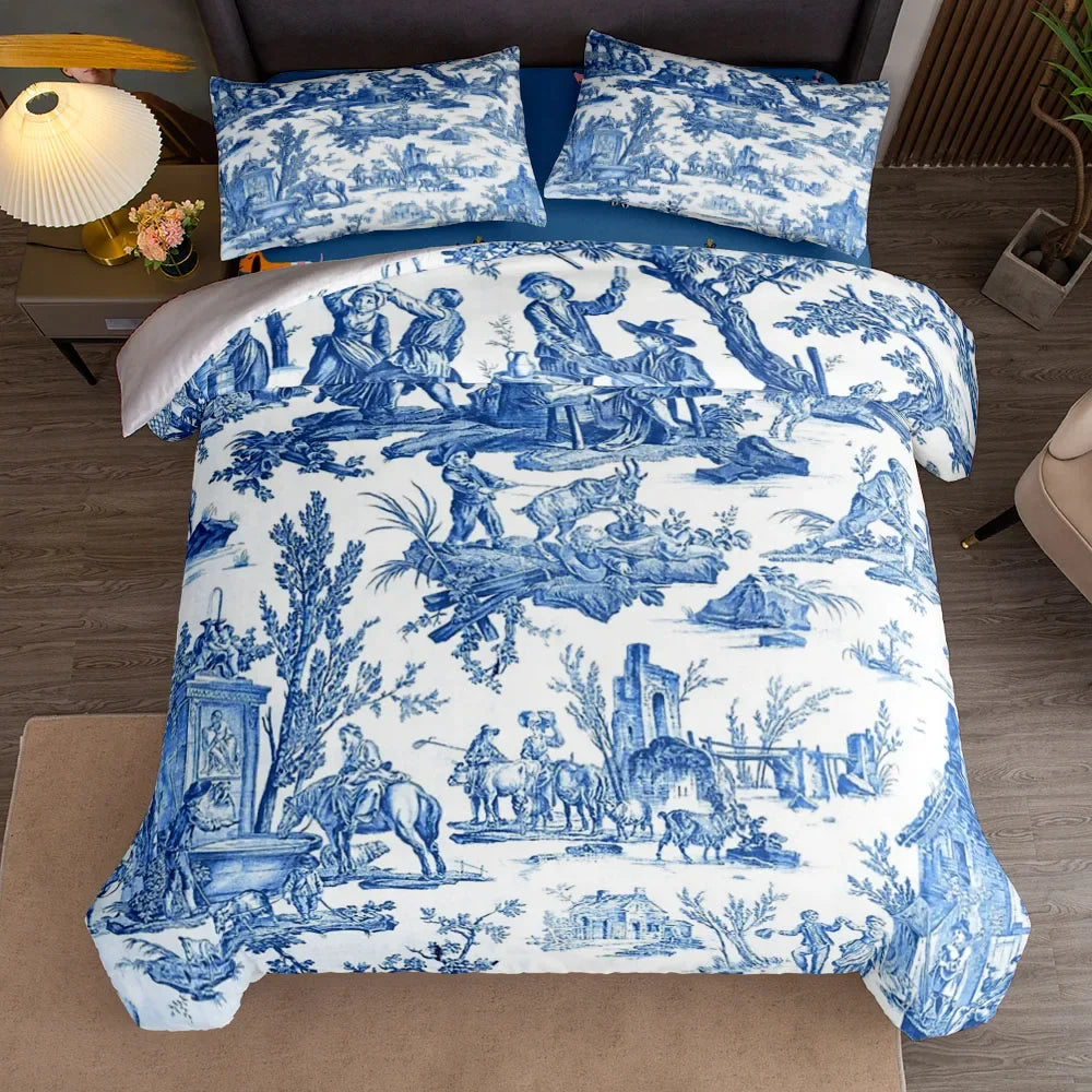Détail des motifs colorés de la housse de couette toile de Jouy