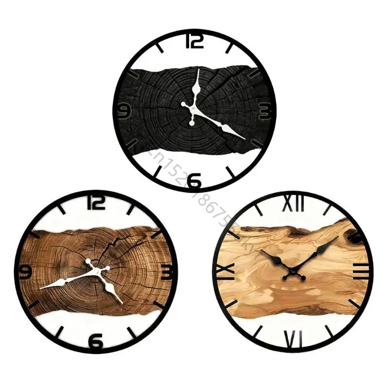 horloge murale moderne bois texture naturelle aiguille numérique noir marron clair fixations decoration maison